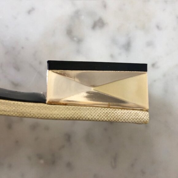 CHRISTIAN LACROIX Faux Pearl Gold Triangle Heel Tan Slide Sandal 5.5 - Picture 6 of 17